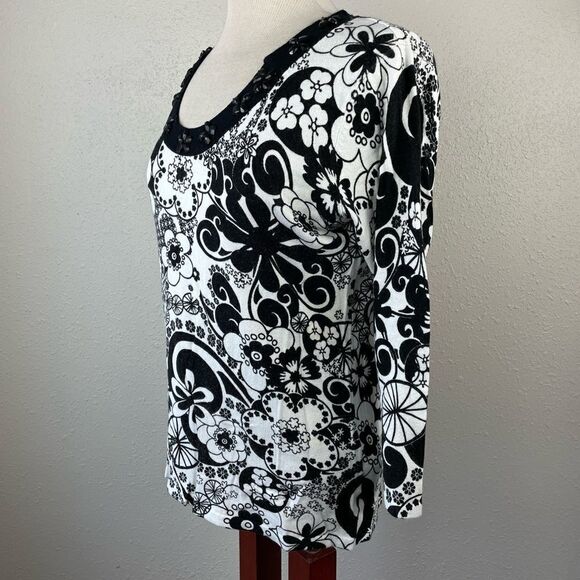 EUC Multiples Womens 3/4 Sleeve Foral Black and White Top Size M - Picture 5 of 7